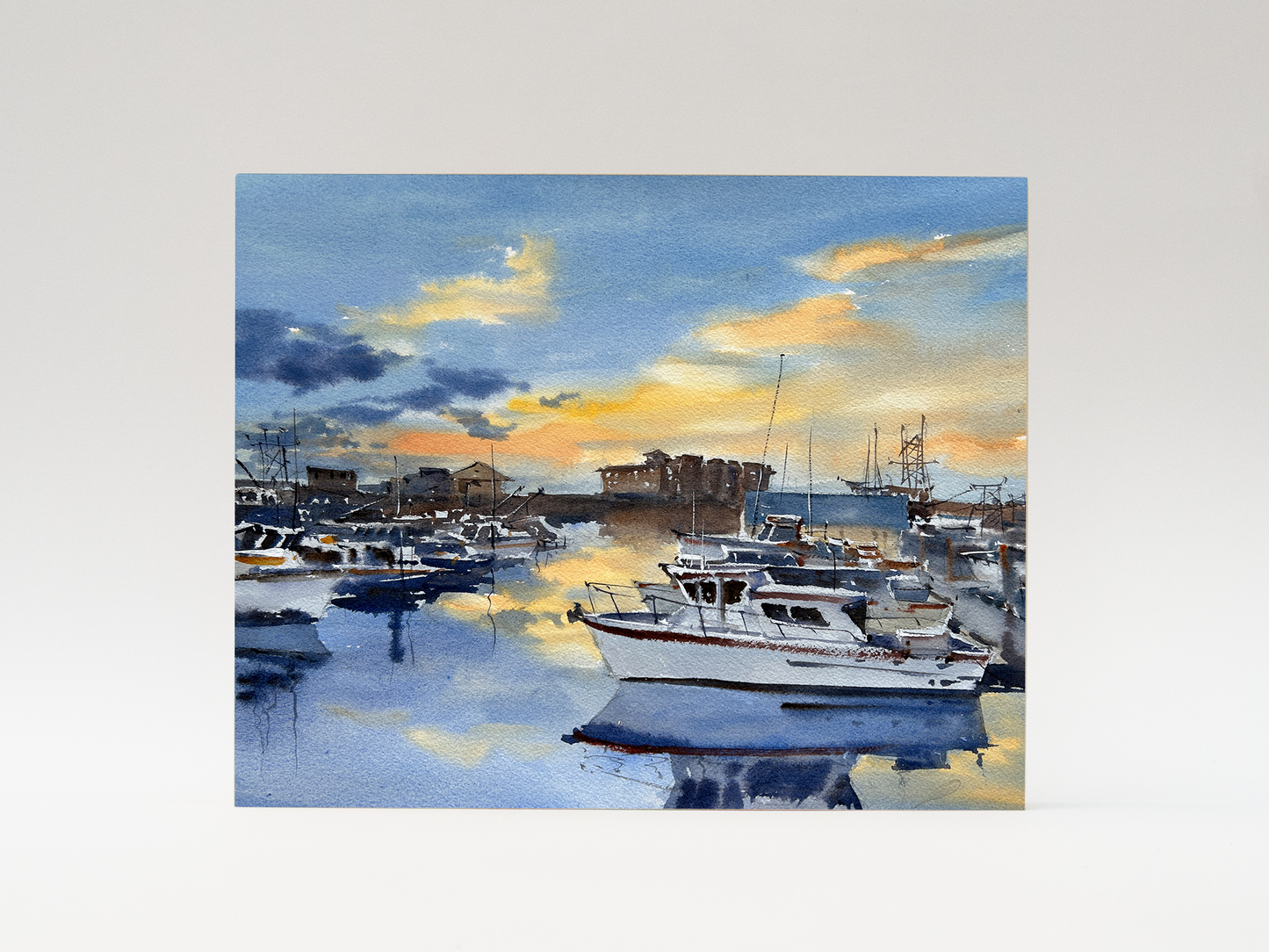 "Sunset over Westport marina" woodblock wall art