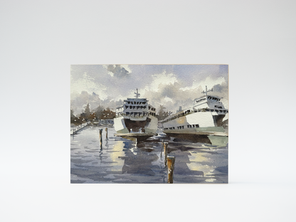 "Docked ferries" woodblock wall art