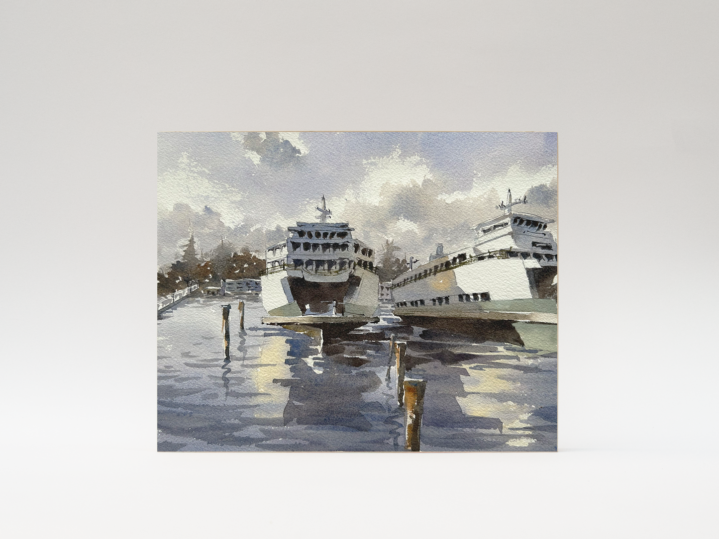 "Docked ferries" woodblock wall art