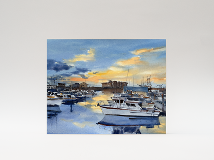 "Sunset over Westport marina" woodblock wall art