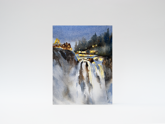 "Snoqualmie Falls in Winter" woodblock wall art