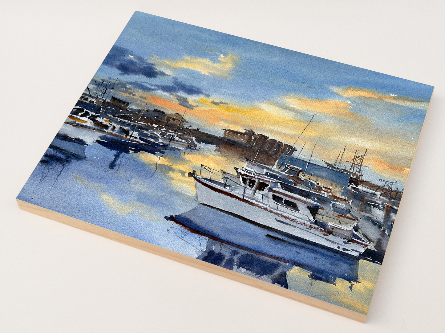 "Sunset over Westport marina" woodblock wall art