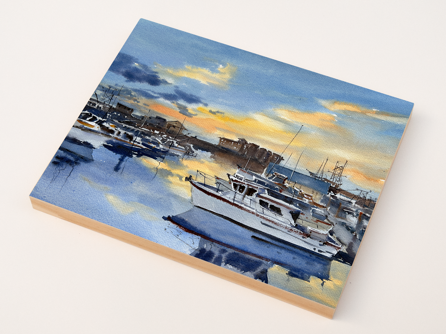 "Sunset over Westport marina" woodblock wall art