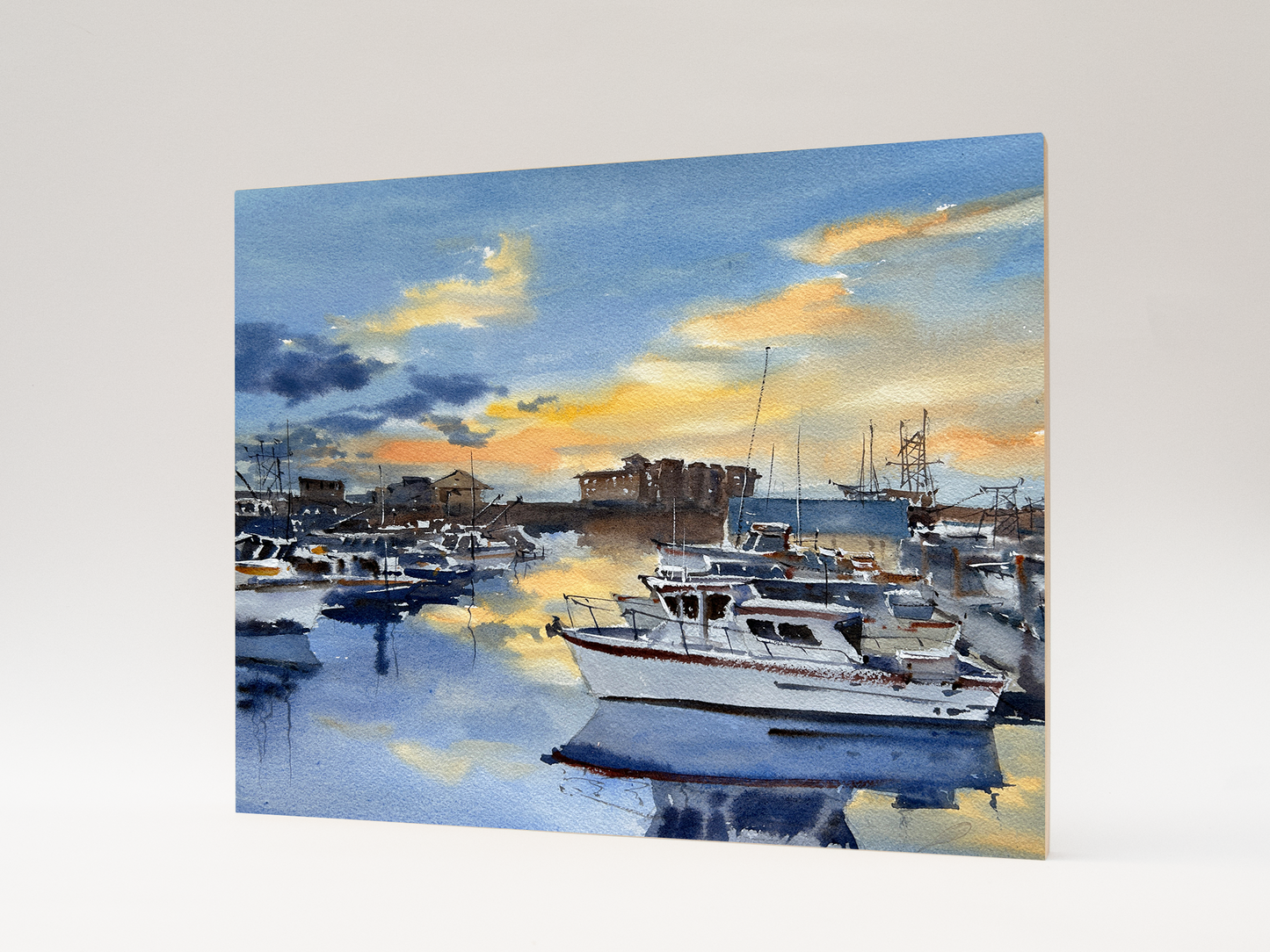 "Sunset over Westport marina" woodblock wall art