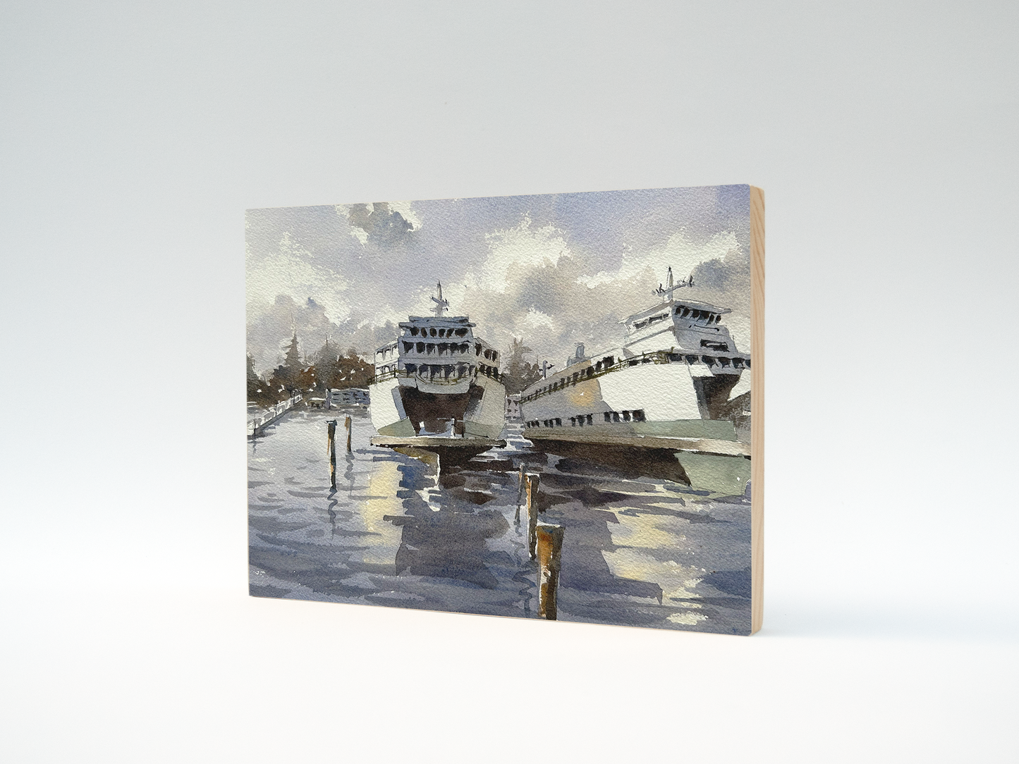 "Docked ferries" woodblock wall art