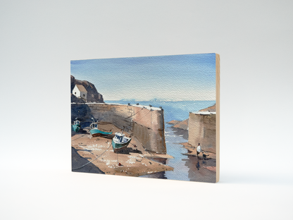 "Low tide at Porthgain Harbor" woodblock wall art