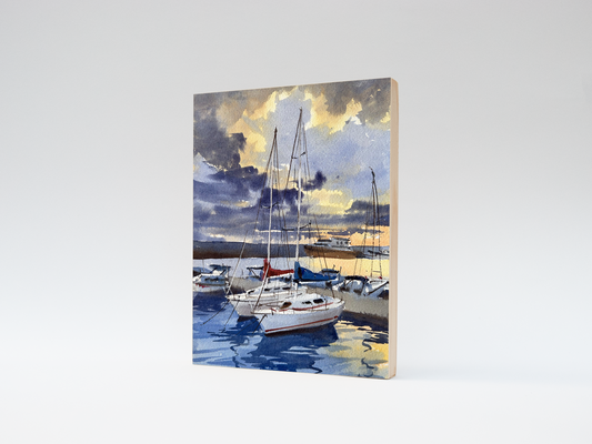 "Sailboats at the harbor" woodblock wall art