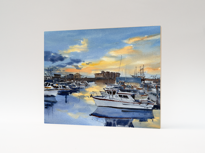 "Sunset over Westport marina" woodblock wall art