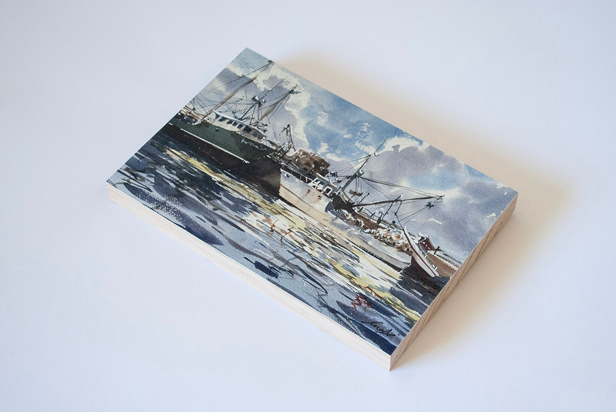 "Fishing boats at Rockland Harbor" woodblock wall art