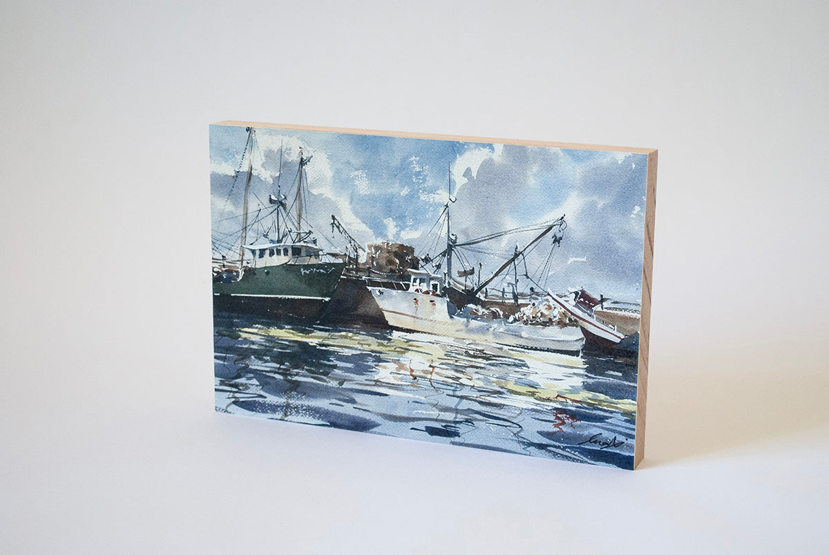 "Fishing boats at Rockland Harbor" woodblock wall art