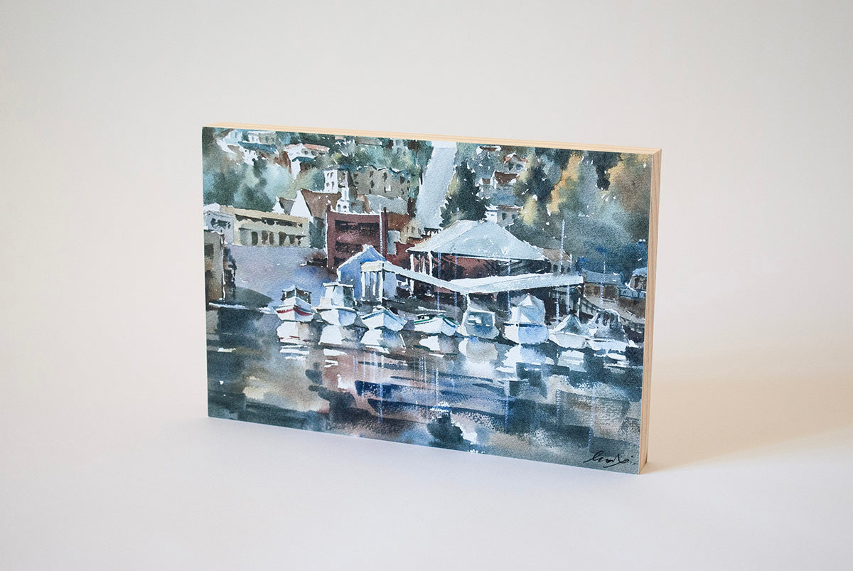 "Gig Harbor Boatyard" woodblock wall art