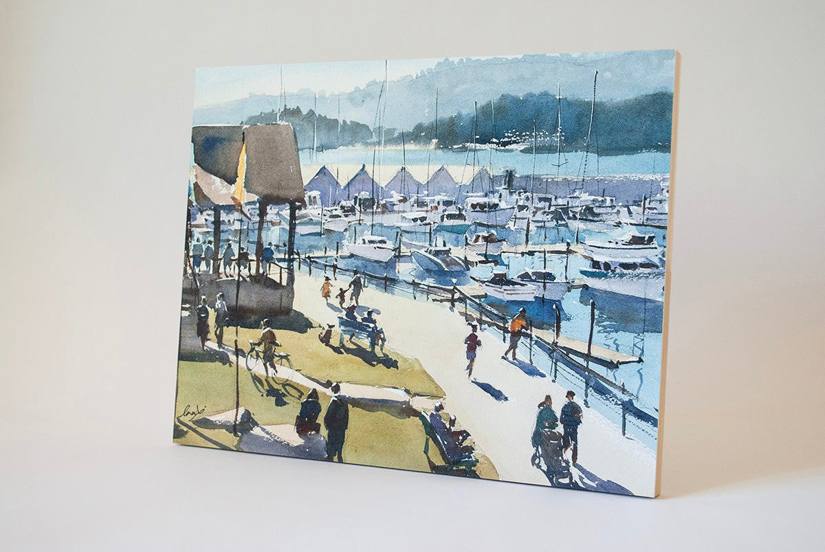 "A stroll on the Liberty Bay" woodblock wall art