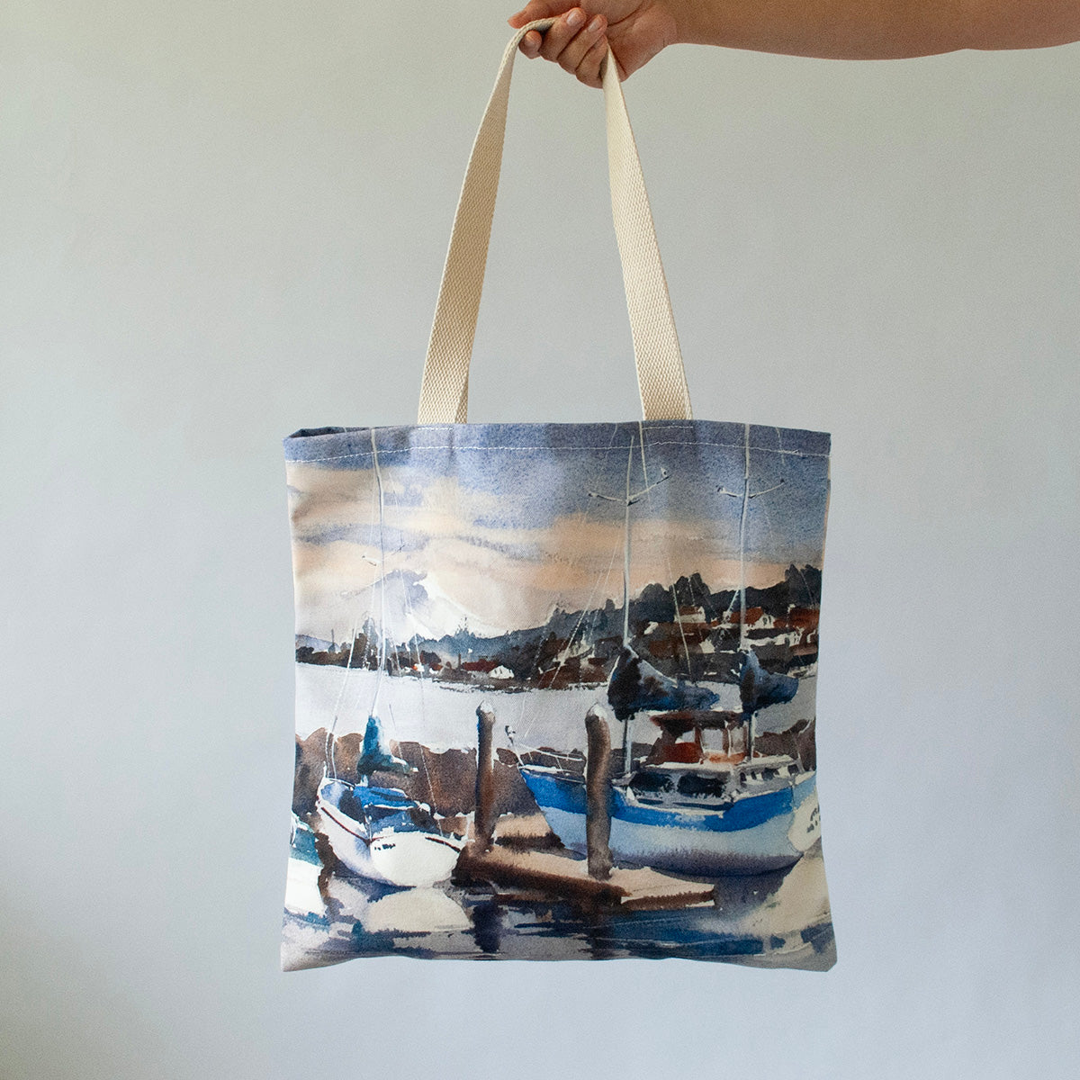 Large canvas tote with the artwork "Kingston Marina overlooking Mt. Rainier"