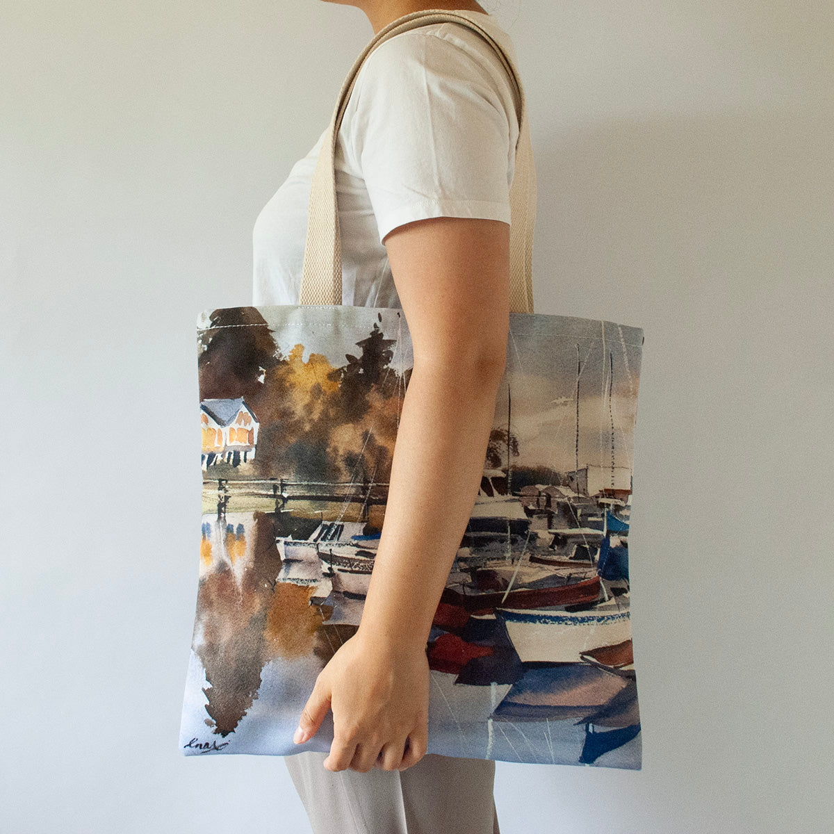 Large canvas tote with the artwork "Winslow Wharf in the fall"