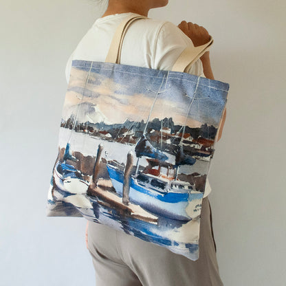 Large canvas tote with the artwork "Kingston Marina overlooking Mt. Rainier"