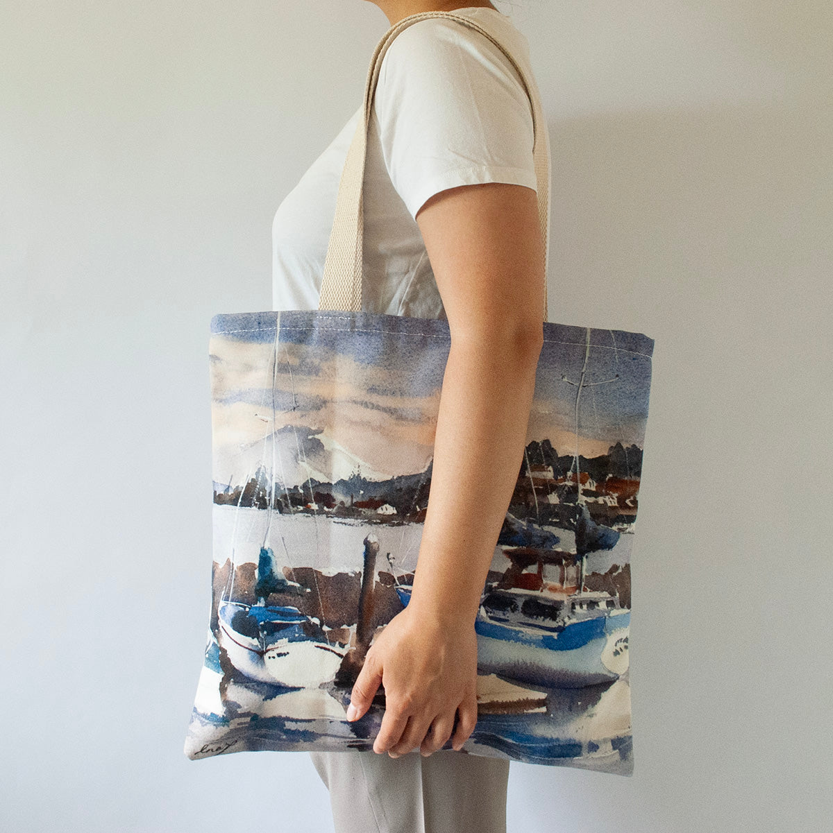 Large canvas tote with the artwork "Kingston Marina overlooking Mt. Rainier"