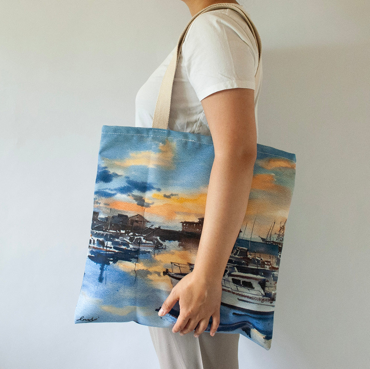 Large canvas tote with the artwork "Westport marina after the sunset"