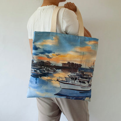 Large canvas tote with the artwork "Westport marina after the sunset"