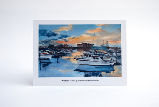 “Sunset over Westport Marina" postcards - 25 pack