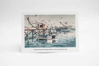 “Crab boat docking Westport marina” postcards - 25 pack