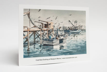 “Crab boat docking Westport marina” postcards - 25 pack