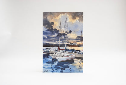 "Sailboats at the harbor" woodblock wall art