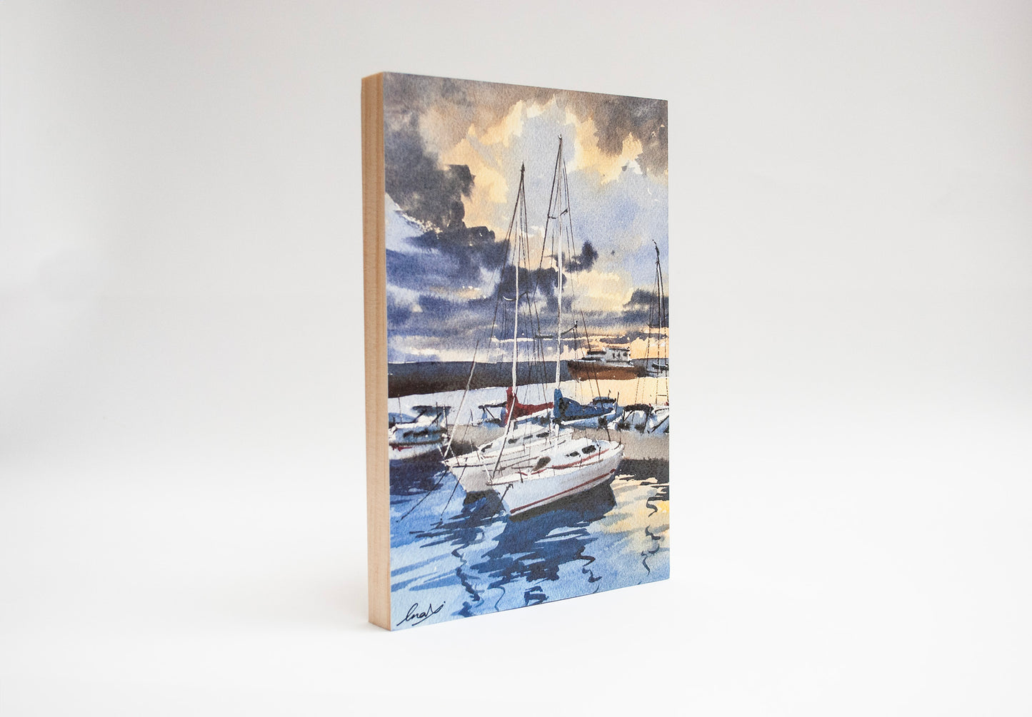 "Sailboats at the harbor" woodblock wall art