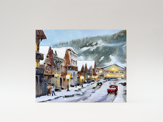 "Snowy Morning in Leavenworth" woodblock wall art